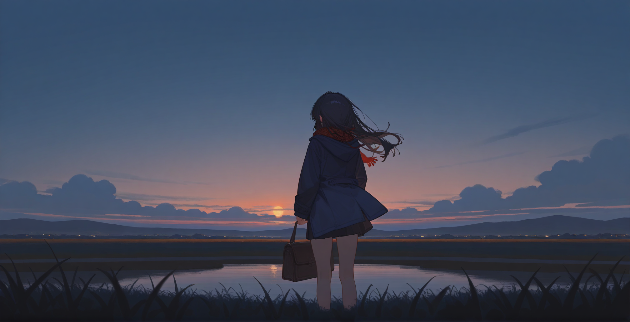 00031-1775275561-1girl,solo,sky,cloud,outdoors,scenery,black hair,grass,from behind,long hair,standing,cloudy sky,dark,hood,sunset,bag,jacket,nig.png